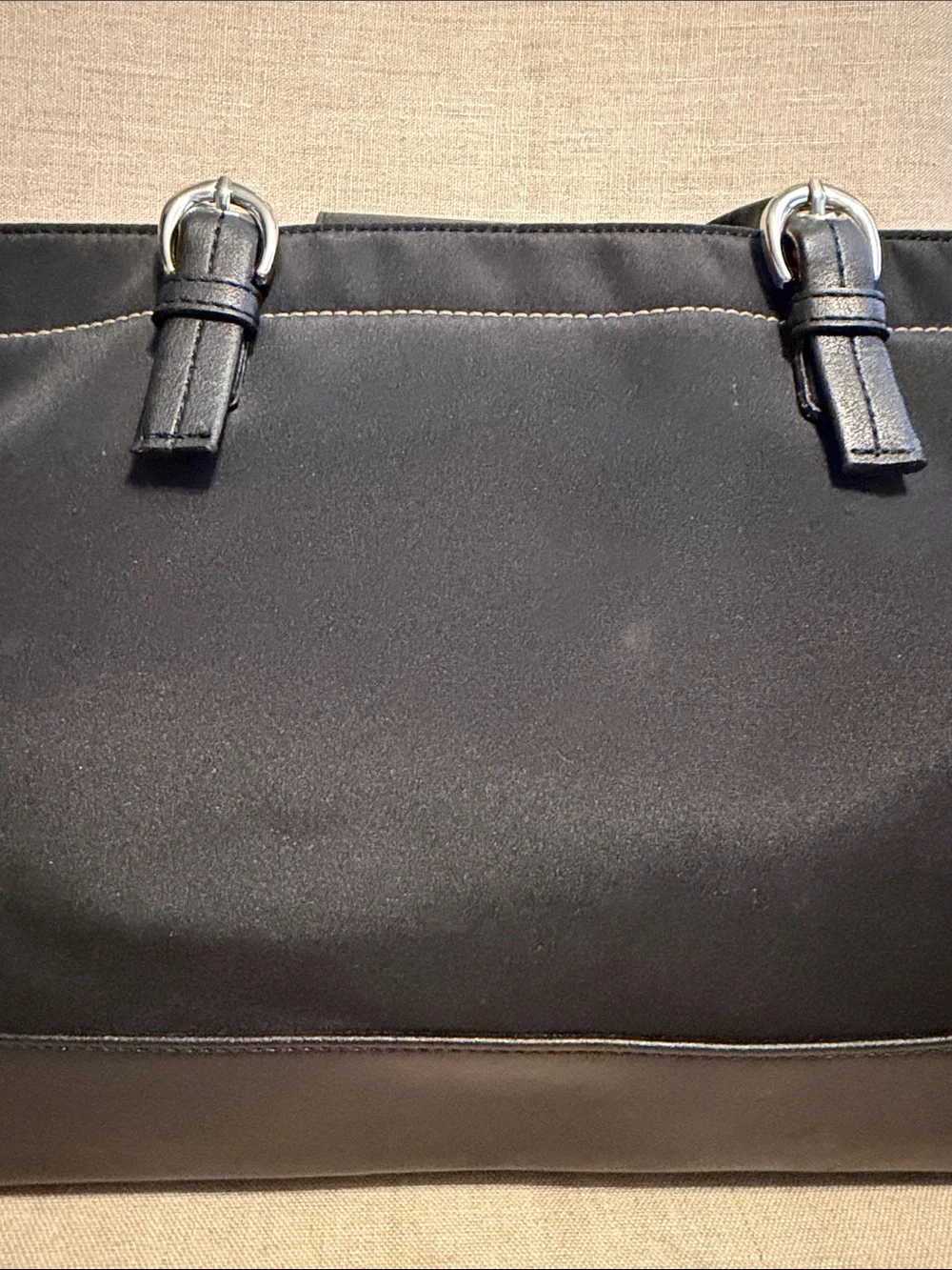 DKNYC Black Nylon Tote Bag with Leather Trim